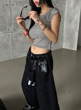Stripe Backless Ribbon Crop Short Sleeve T-Shirt