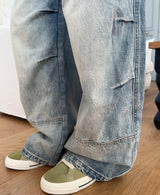 クルーピンタックワイドデニムパンツ