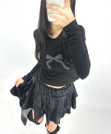 BASIC BOW-DETAIL SEMI-CROPPED STRETCH ROUND U-NECK LONG-SLEEVE TEE