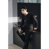 Leather ribbed henry neck long sleeves(Black)