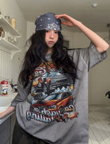 ヴィンテージカーウォッシュプリントルーズ半袖Tシャツ