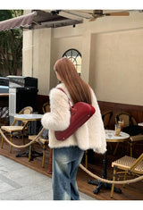 V-neck quilted ivory fur jacket