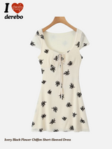 Ivory Black フラワーシフォン半袖ワンピース
