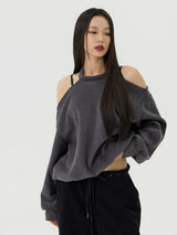 カットアウトホルターネックスウェットロングTシャツ, チャコール