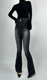 (BODY-SHAPING GUARANTEED🤍🖤) TWO-BUTTON ELASTIC WAIST BLACK WASH BOOTCUT 🤍🖤 SEMI-WIDE DENIM PANTS