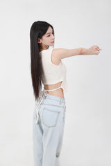 Back Ribbon Sleveless Knit_cream [brooch set]