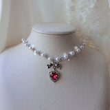 [ジェニーパーク Necklace] ローズピンクハートアンドリボン パールチョーカーネックレス