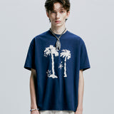 パームツリー＆アイレットチェーンニードルワークTシャツ　ネイビー