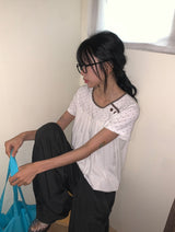 Nata Button Dot Raglan Short Sleeve Tee