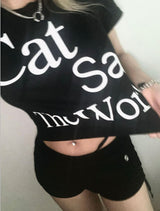 Cat Save The World Crop T (Black, White)
