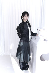 star pattern denim pocket backpack