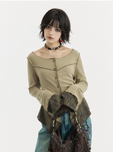 長袖ニッティドTシャツウィズベルスリーブアンドレトロスタイルパッチワークデザイン