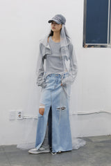 DAMAGED LONG DENIM SKIRT (BLUE)