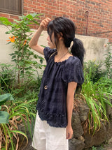 Ame Check Off-Shoulder Frill Short Sleeve Blouse