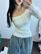 OFF SHOULDER TWISTED SLIN LONG KNIT 🩶🤍🖤3COLOR