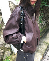 Dumb High-Neck Panel Pocket String Leather Jacket