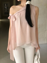 Lovie Unbal One-Shoulder Ribbon Chiffon Blouse