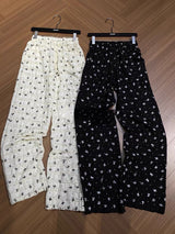 Lace ribbon banding wide pants