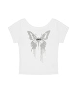 バタフライゴスワイドネッククロップTシャツ_ホワイト