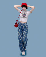heart pattern denim pants