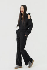 Shoulder Cutout Crop Hooded Zip-Up, Black