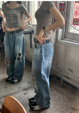 [Unisex] ニーデストロイドワイドデニムパンツ