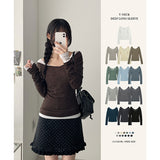 Ad-Spandex High-Neck String Layered Women's Fit Deep V-Neck Long-Sleeved T-Shirt
