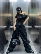ドレープ シャーリング アンバランス オフショルダー Tシャツ