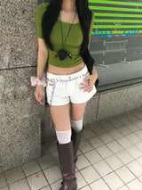 オリーブ ダイアリー ボタン Uネック スリムフィット Tシャツ