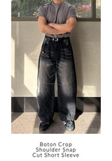 ボトン クロップ ショルダー スナップカット ショートスリーブ Tシャツ