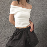 Aconi Ribbon Off-Shoulder Cropped T-Shirt