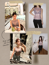 ベージュレタリングシースルーノースリーブTシャツ