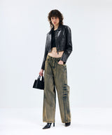 85-VIVAJ004 [Vegan Leather] Vintage Shape Crop Bold Biker Leather Jacket