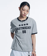 Numbering Patch Crop Ringer T-Shirt - Gray