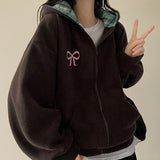 Check lining ribbon fleece hooded zip-up