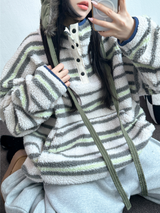 ストライプフリースワンサイドストリングアノラックニットスウェット 💙🩶🧡3COLOR
