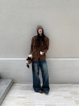 Suede lace-up no-collar jacket