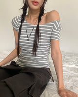 Anzo Stripe Off-Shoulder Short-Sleeved T-Shirt
