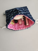 denim ribbon string pouch - deep blue M