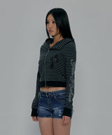 DIAGONAL PATCHED STRIPE HOODED ZIP-UP_CHARCOAL
