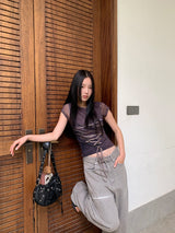 コルセットストラップバックシースルー半袖Tシャツ