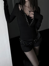 rock chic black button long sleeve T