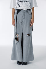 DAMAGED LONG DENIM SKIRT (GRAY)