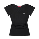 Shirred V-Neck Embroidered T-Shirt (26STP-SSTS01)