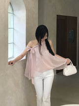 Lovie Unbal One-Shoulder Ribbon Chiffon Blouse