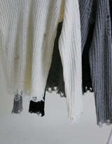ラバーVネックダメージカットポイント長袖ニット (wool material)
