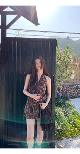 brown ethnic sleeveless skirt two-piece