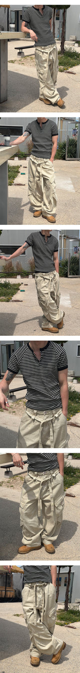 [Slim Fit] ストライプヘンリーネックハーフニットTシャツ(3color)