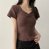 Forearm Cover 💕 Punching Point Shirring Slim Short-Sleeved T-shirt 