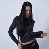 TWIST DRAPE LONG SLEEVE TOP (MELANGE BLACK)